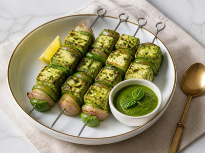 Green Masala Marinated Paneer Skewers