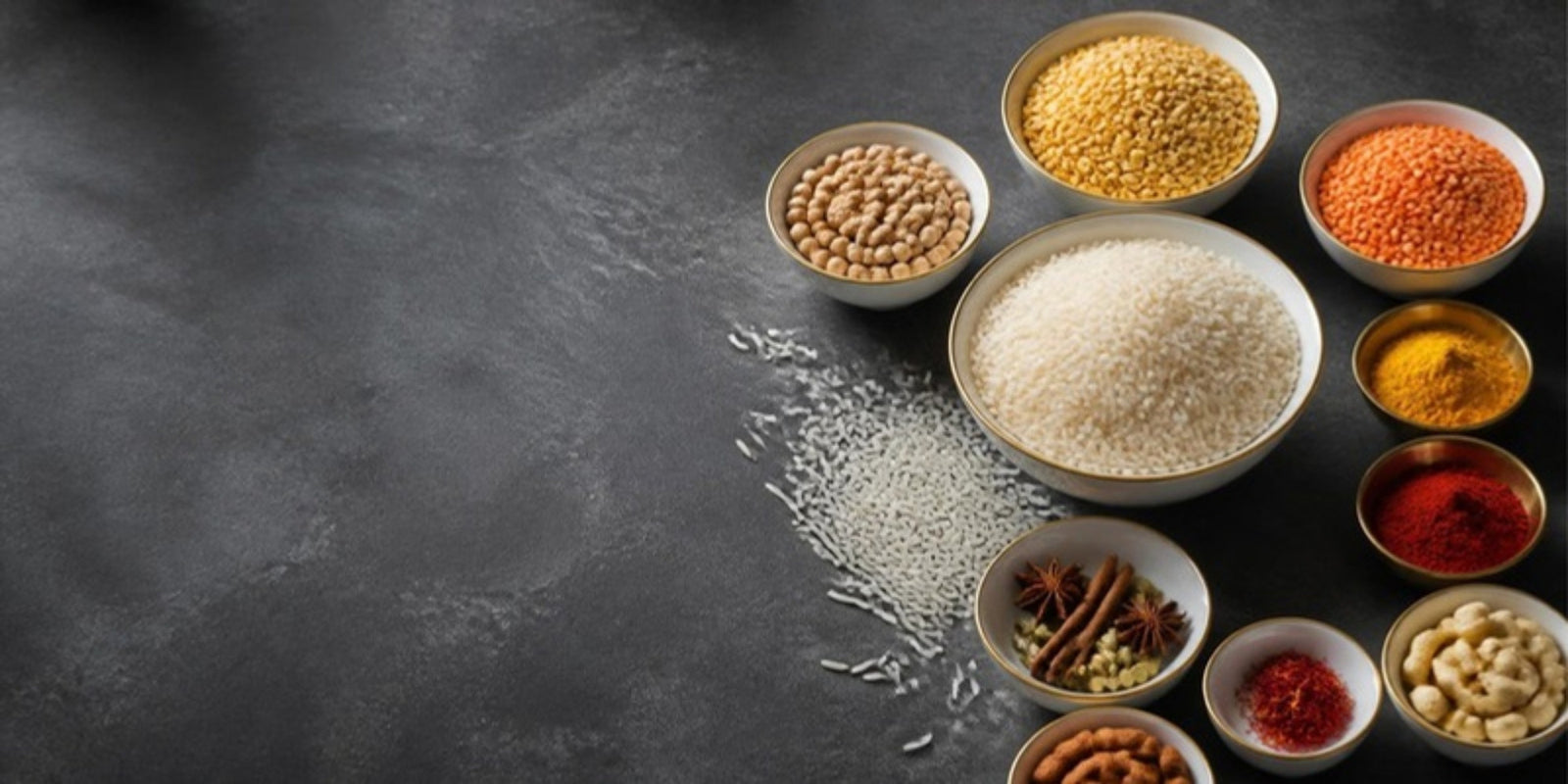 Bowls of basmati rice, lentils, chickpeas, spices and nuts on dark stone, the Nitra pantry range