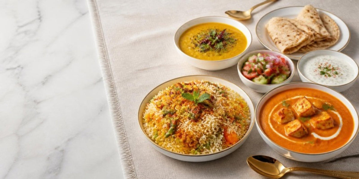 Vegetarian Indian dishes including biryani, dal and paneer curry for an iftar and Eid table, made with Nitra