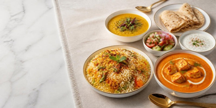 Vegetarian Indian dishes including biryani, dal and paneer curry for an iftar and Eid table, made with Nitra
