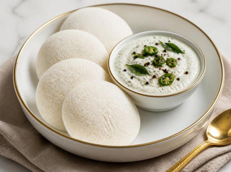 Soft Steamed Idli with Coconut Chutney